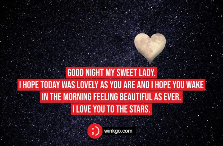 Good night my sweet lady. I hope today was lovely as you are and I hope you wake in the morning feeling beautiful as ever. I love you to the stars.