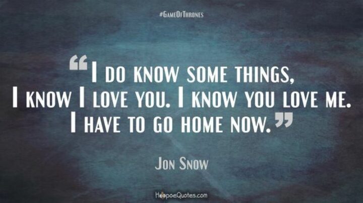 43 Loving a Woman Quotes - "I do know some things. I know I love you. I know you love me. I have to go home now." - Jon Snow, Game of Thrones