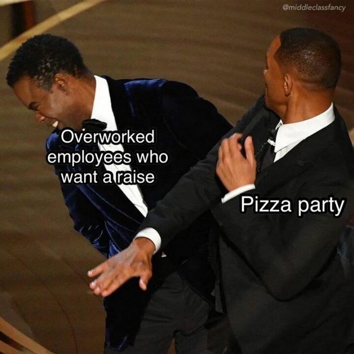 "Overworked employees who want a raise. Pizza party."