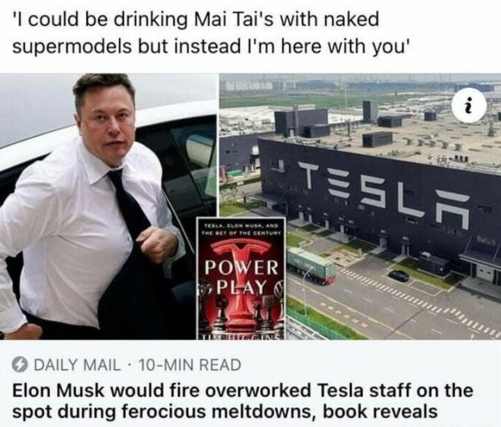 "I could be drinking Mai Tai's with naked supermodels but instead I'm here with you. Elon Musk would fire overworked Tesla staff on the spot during ferocious meltdowns, the book reveals."