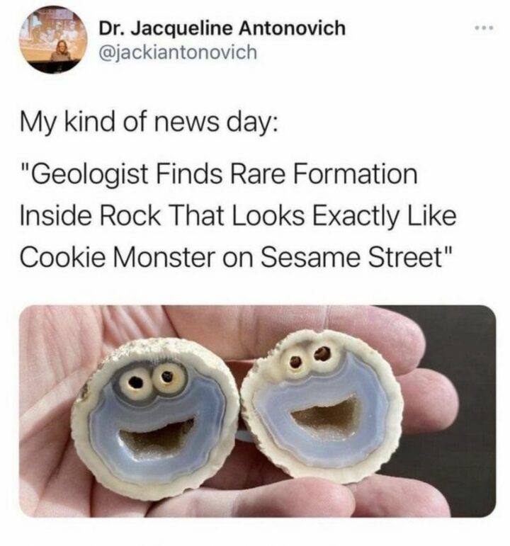 "My kind of news day: Geologist finds rare formation inside a rock that looks exactly like Cookie Monster on Sesame Street."