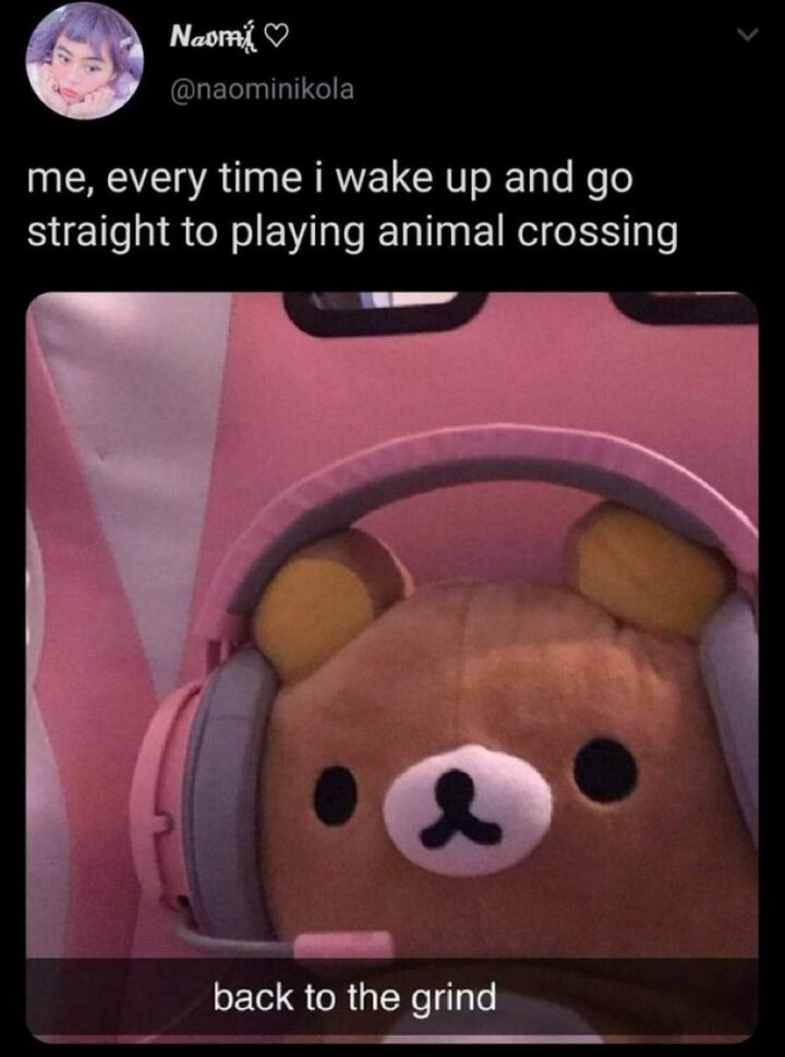 "Me, every time I wake up and go straight to playing Animal Crossing: Back to the grind."