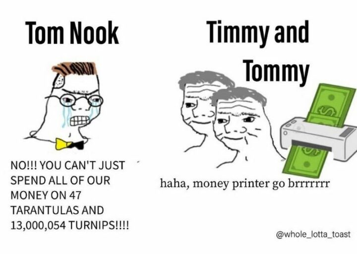 "Tom Nook: No!!! You can't just spend all of our money on 47 tarantulas and 13,000,054 turnips!!!! Timmy and Tommy: Haha, money printer go brrr."