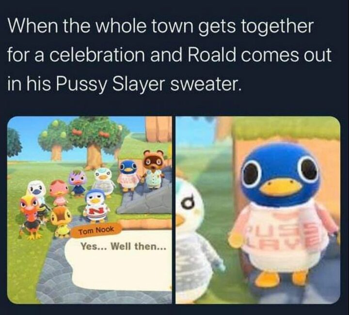 "When the whole town gets together for a celebration and Roald comes out in his [censored] Slayer sweater. Tom Nook: Yes...Well then..."