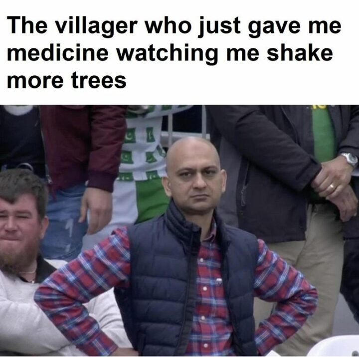 "The villager who just gave me medicine watching me shake more trees."