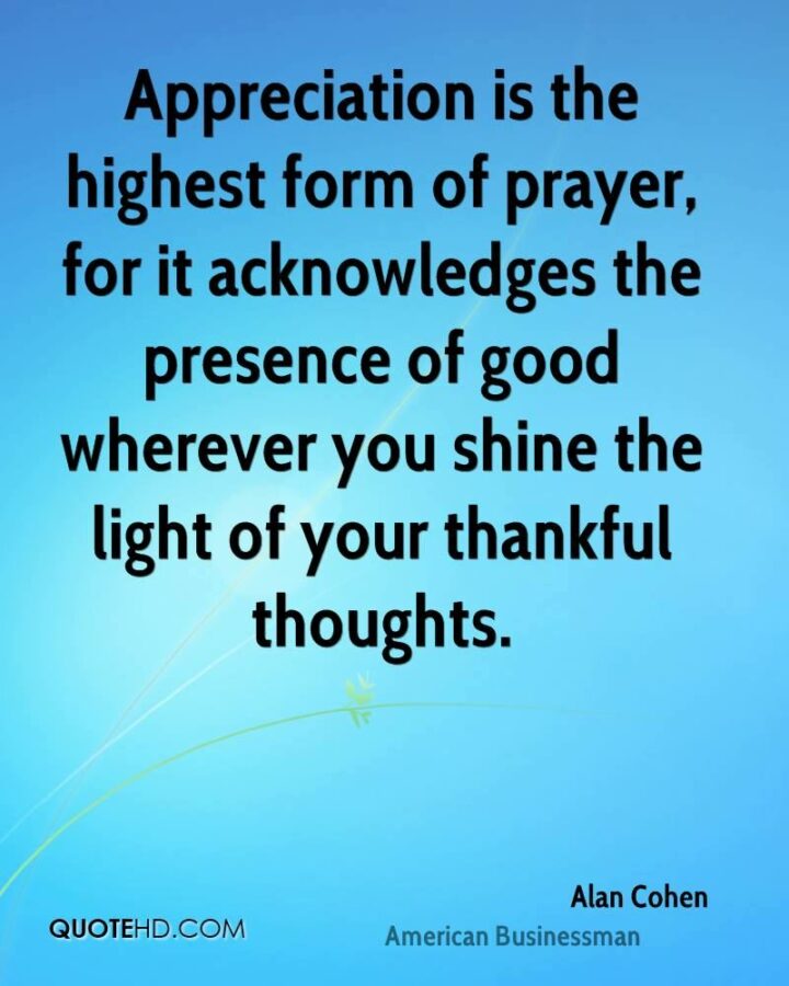 "Appreciation is the highest form of prayer, for it acknowledges the presence of good wherever you shine the light of your thankful thoughts." - Alan Cohen