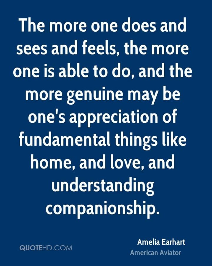 "The more one does and sees and feels, the more one is able to do, and the more genuine may be one's appreciation of fundamental things like home, and love, and understanding companionship." - Amelia Earhart