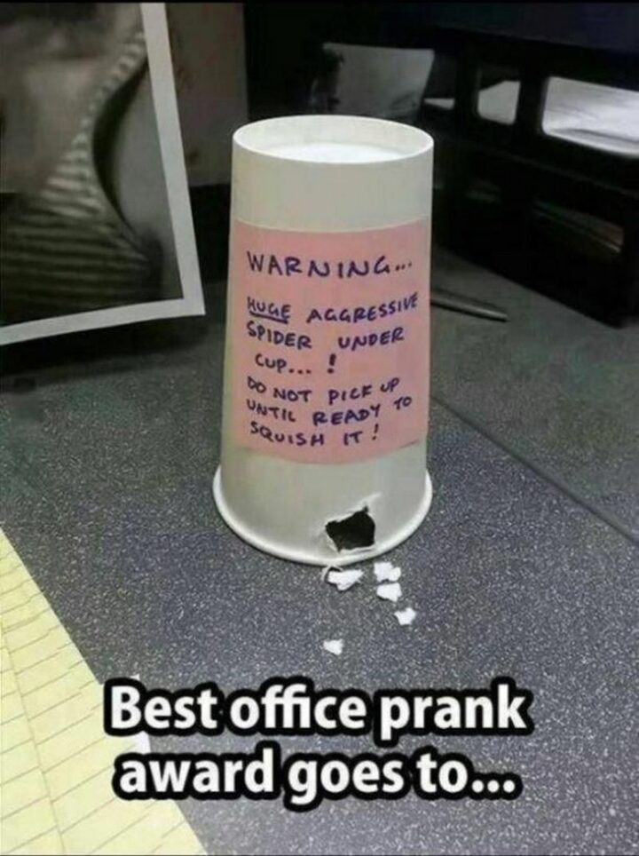 "Best office prank award goes to...Warning...Huge aggressive spider under cup...! Do not pick up until ready to squish it!"