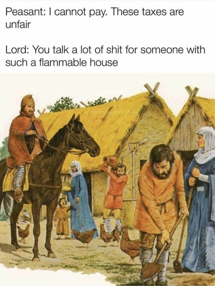 "Peasant: I cannot pay. These taxes are unfair. Lord: You talk a lot of [censored] for someone with such a flammable house."