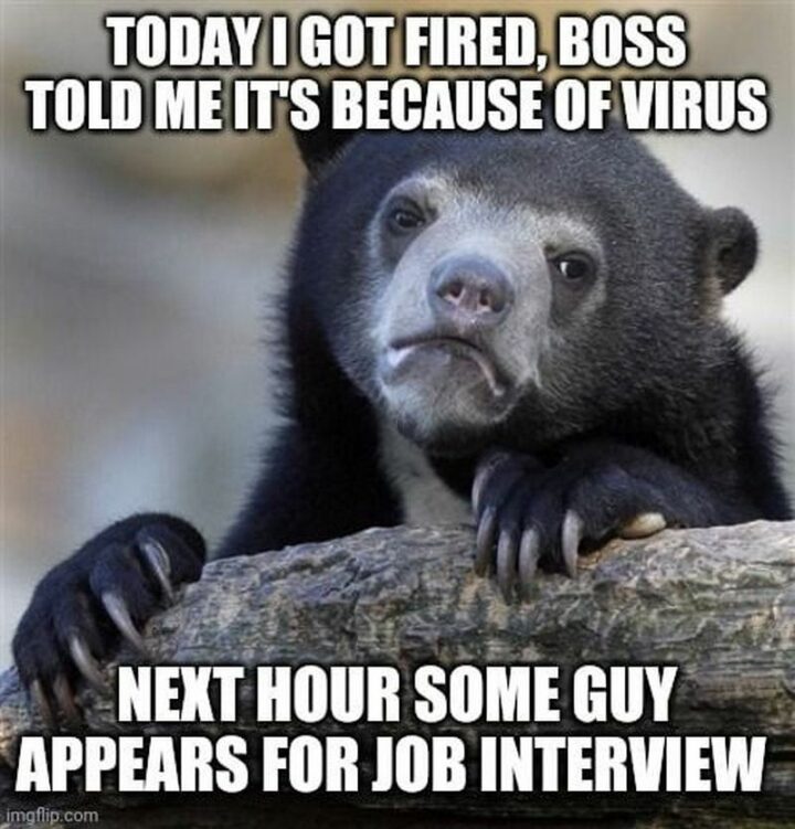 "Today I got fired, the boss told me it's because of a virus. Next hour some guy appears for a job interview."