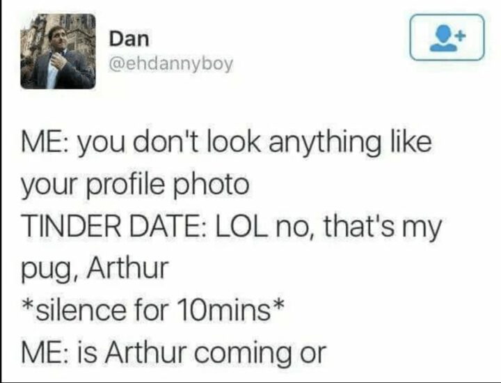 "Me: You don't look anything like your profile photo: Tinder date: LOL no, that's my bug, Arthur *silence for 10 mins*. Me: Is Arthur coming or..."