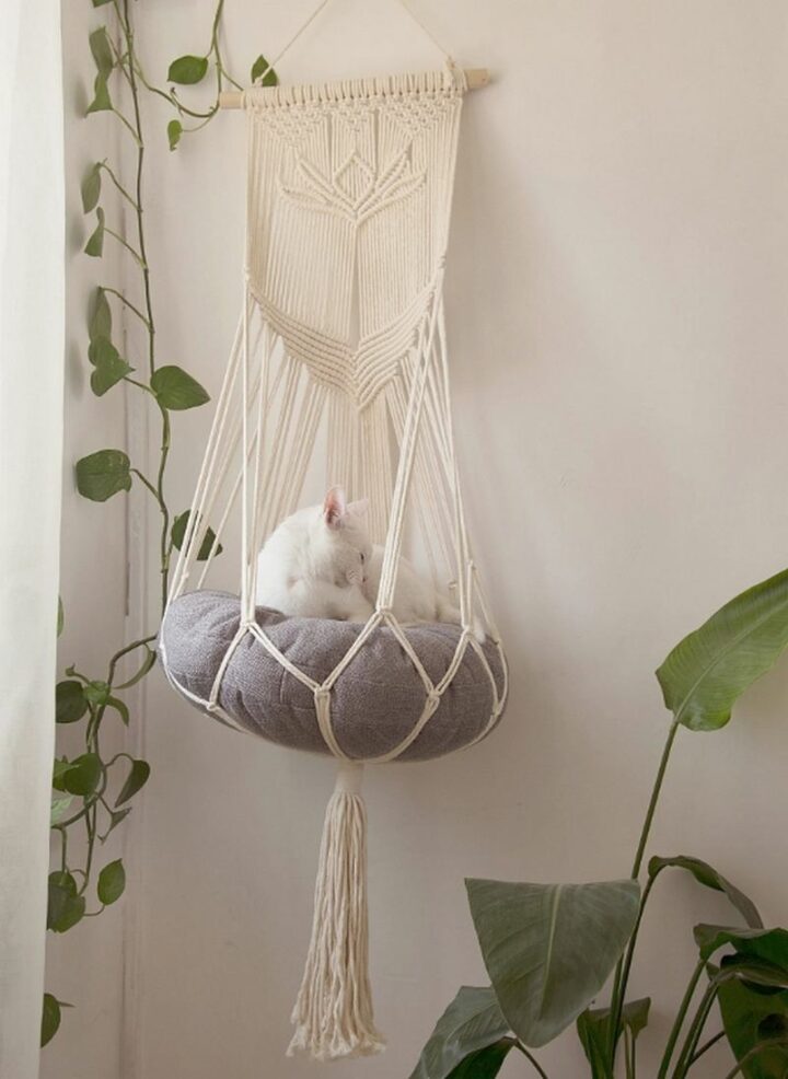 An Etsy shop, Macramebeautiful, creates beautiful cat hammocks.