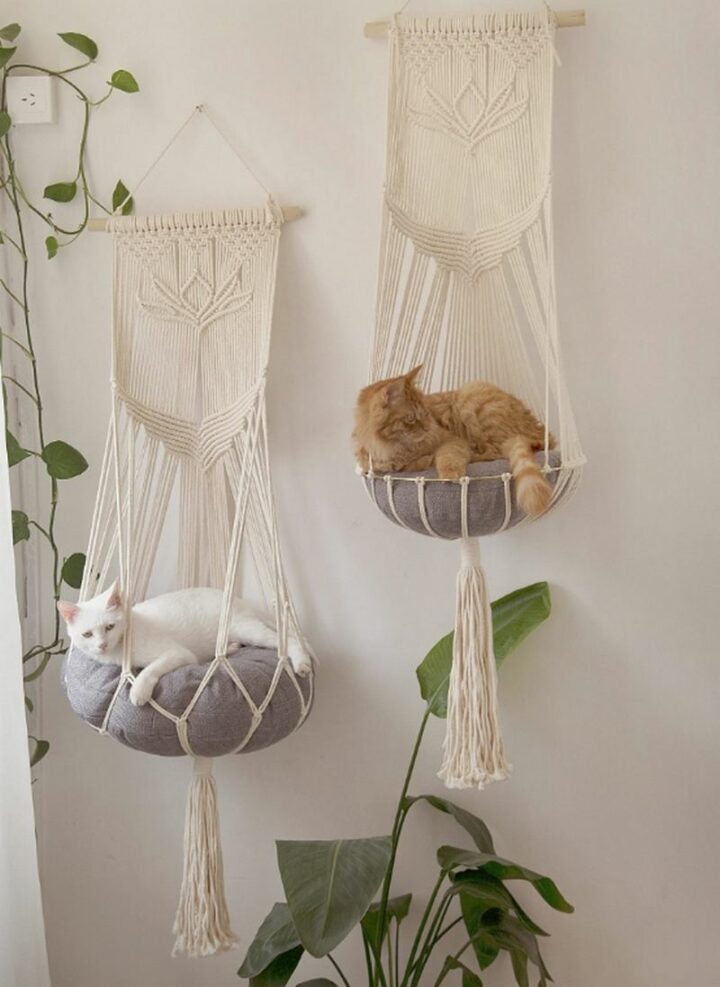 This innovative macrame cat hammock comes in a variety of styles and colors and lets your cat relax in comfort.