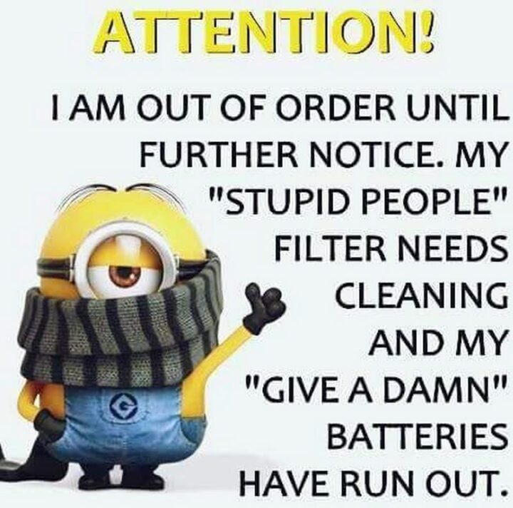 31 Funny Minion Memes - "Attention! I am out of order until further notice. My 'Stupid people' filter needs cleaning and my 'Give a damn' batteries have run out."