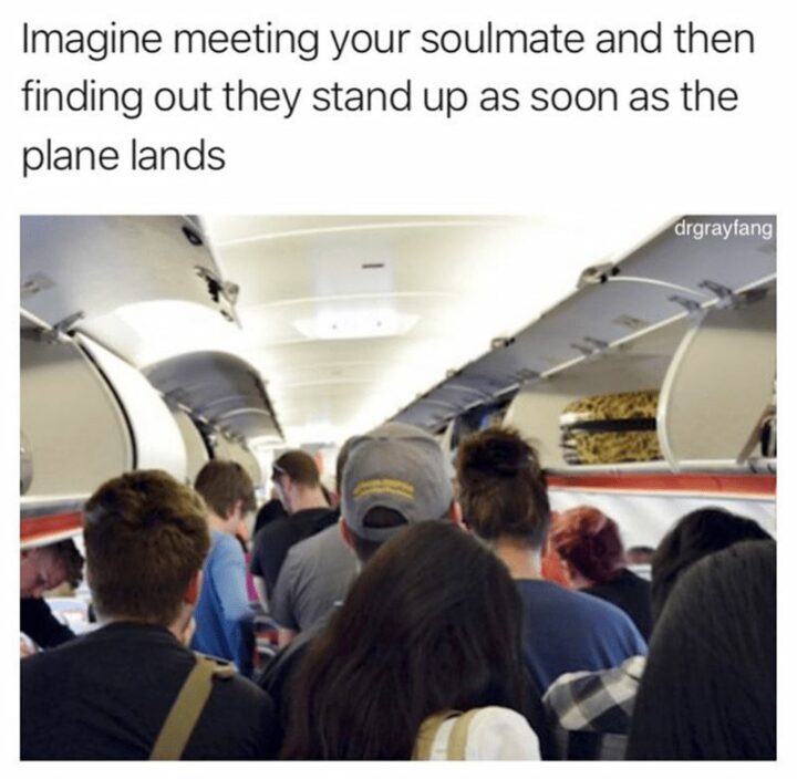 55 Relatable Memes - "Imagine meeting your soulmate and then finding out they stand up as soon as the plane lands."