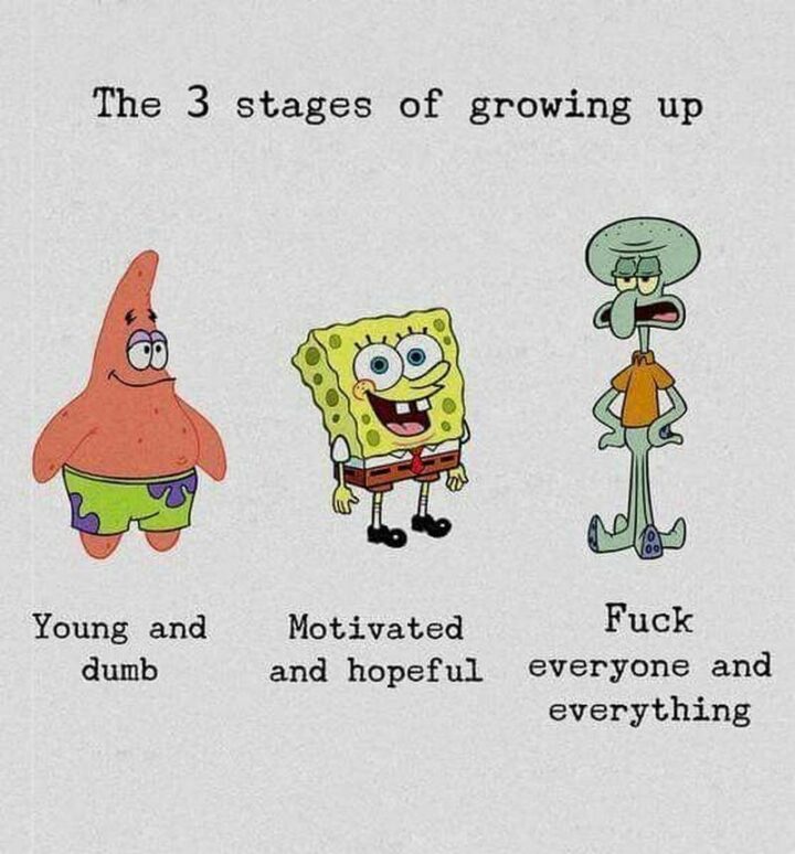 "The 3 stages of growing up: Young and dumb. Motivated and hopeful. [censored] everyone and everything."