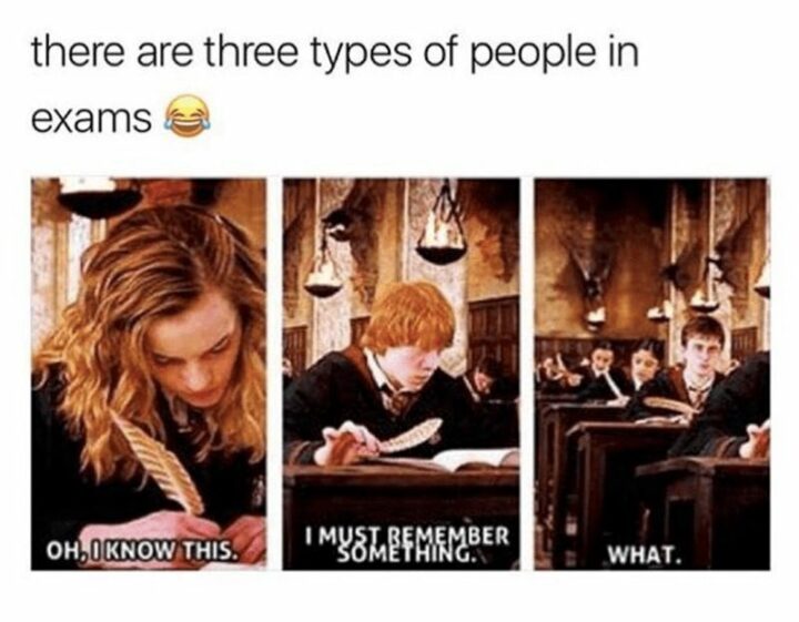"There are three types of people in exams: Oh, I know this. I must remember something. What."