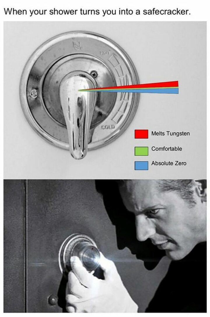 "When your shower turns you into a safecracker. Melts tungsten. Comfortable. Absolute zero."