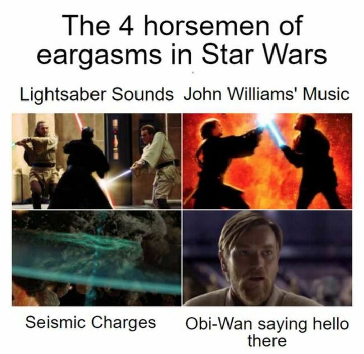 47 Star Wars Prequel Memes - "The 4 horsemen of eargasms in Star Wars: Lightsaber sounds. John Williams' music. Seismic charges. Obi-Wan saying hello there."
