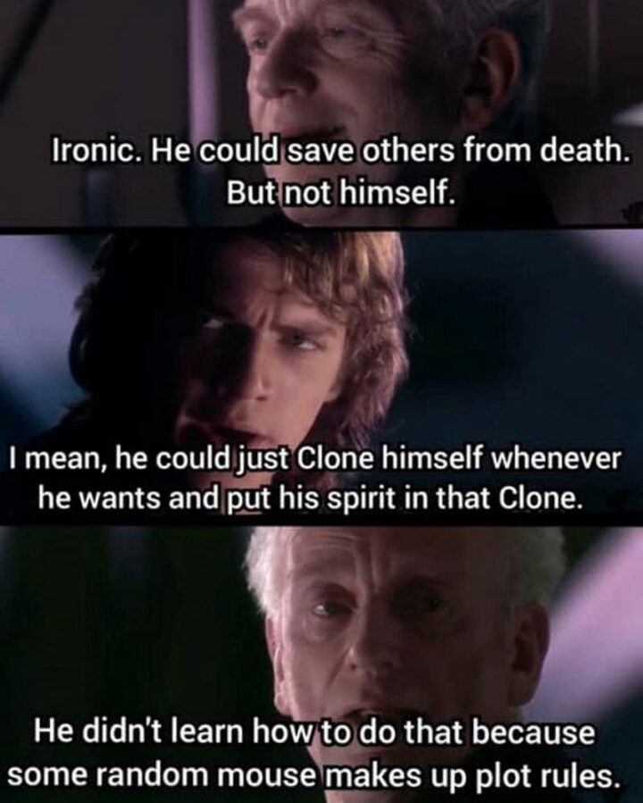 "Ironic. He could save others from death. But not himself. I mean, he could just clone himself whenever he wants and put his spirit in that clone. He didn't learn how to do that because some random mouse makes up plot rules."