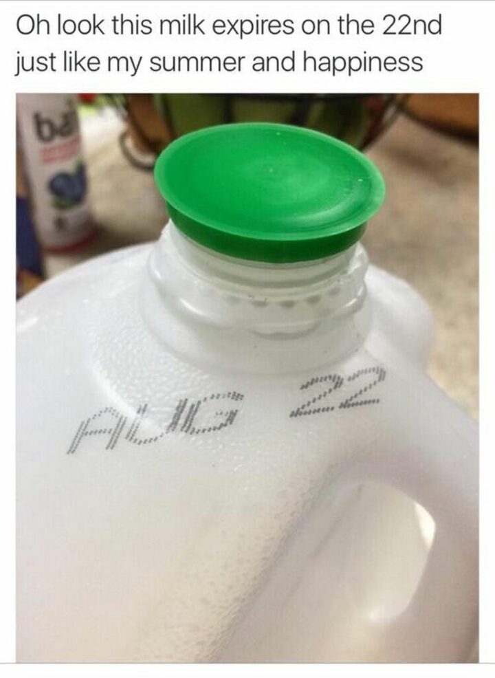 "Oh look this milk expires on the 22nd just like my summer and happiness."