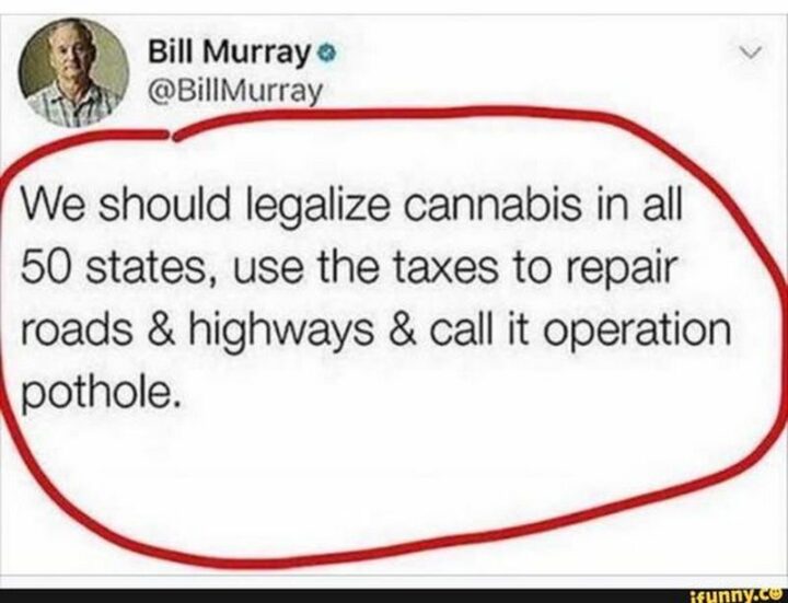 "We should legalize cannabis in all 50 states, use the taxes to repair roads and highways, and call it operation pothole."