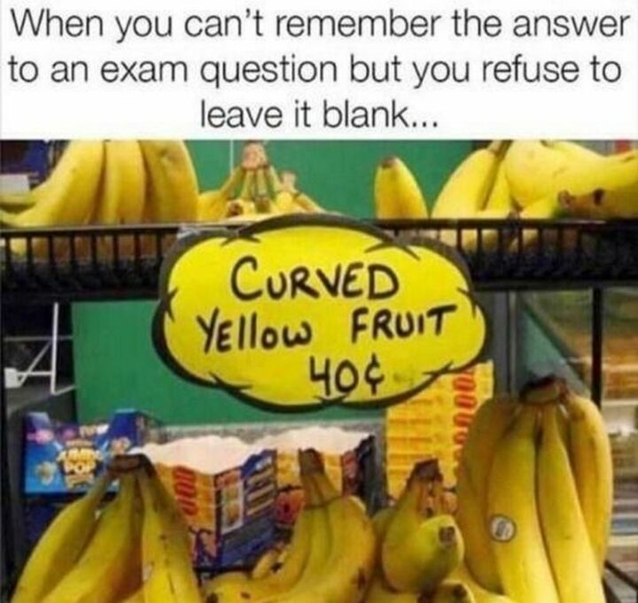 "When you can't remember the answer to an exam question but you refuse to leave it blank...Curved yellow fruit 40 cents."