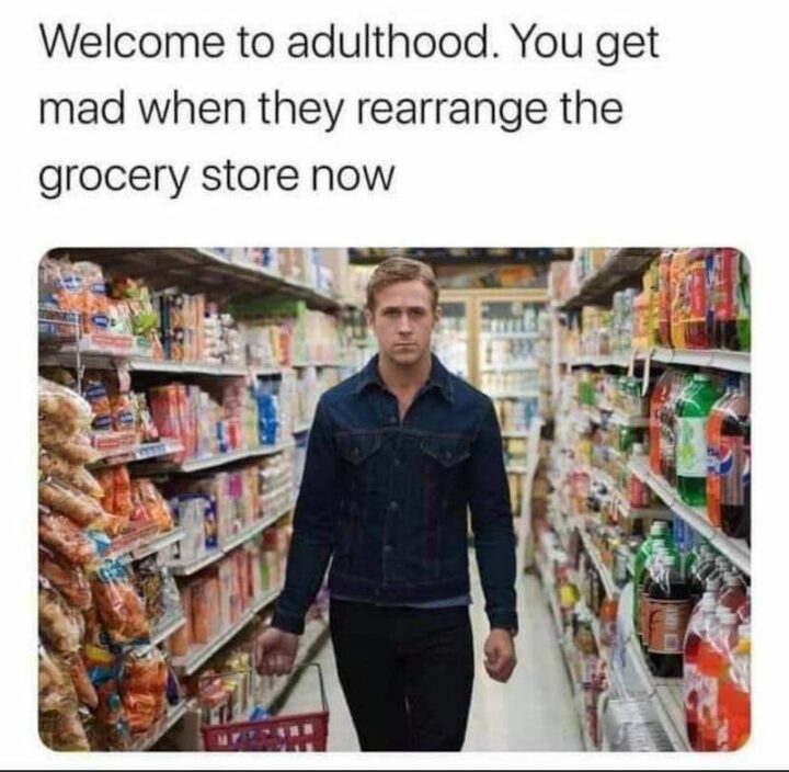 "Welcome to adulthood. You get mad when they rearrange the grocery store now."