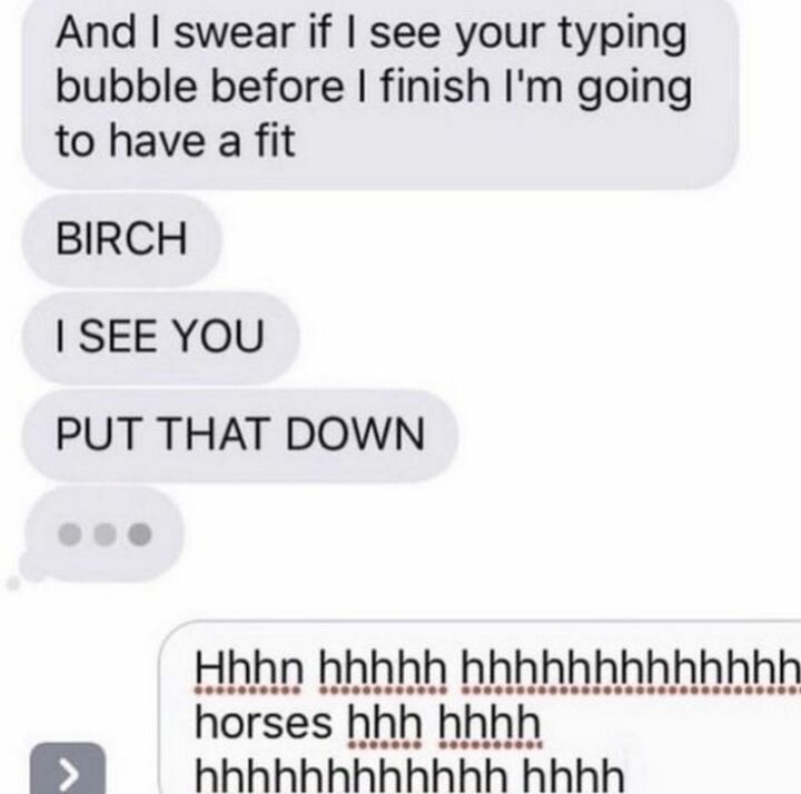 31 Funny Texts - "And I swear if I see your typing bubble before I finish I'm going to have a fit. Birch, I see you. Put that down."