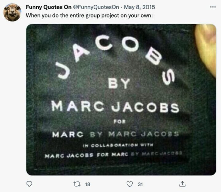 "When you do the entire group project on your own: Jacobs by Marc Jacobs for Marc by Marc Jacobs in collaboration with Marc Jacobs for Marc by Marc Jacobs."