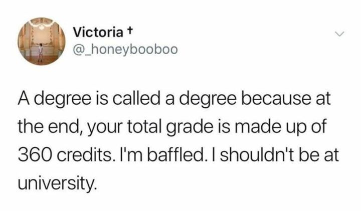 "A degree is called a degree because at the end, your total grade is made up of 360 credits. I'm baffled. I should be at university."