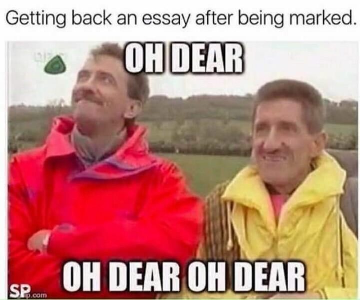 "Getting back an essay after being marked: Oh dear, oh dear, oh dear."
