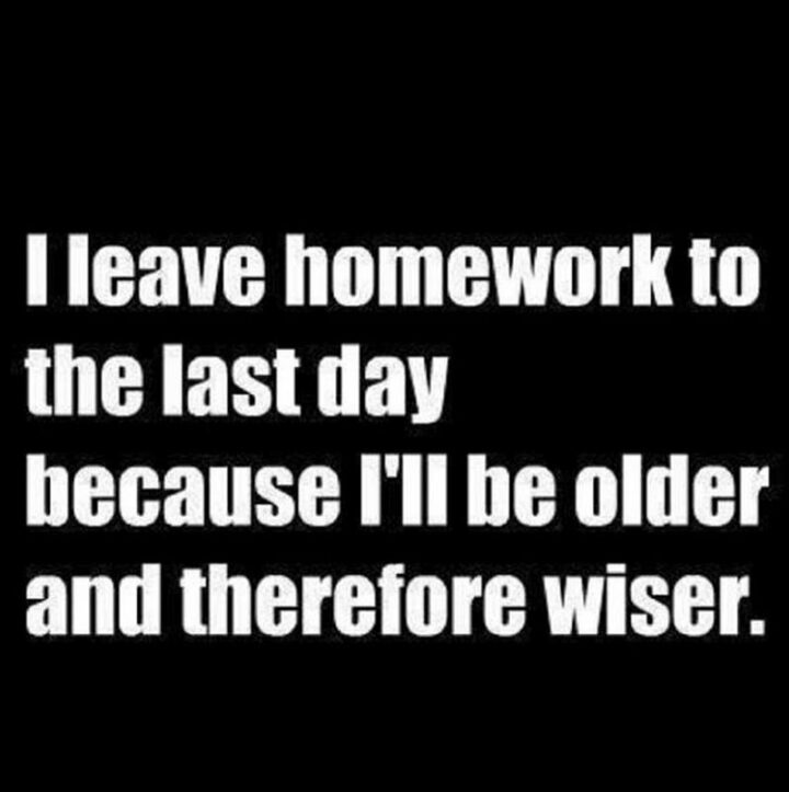 "I leave homework to the last day because I'll be older and therefore wiser."