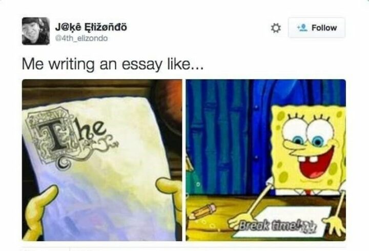 "Me writing an essay like...The. Break time!"