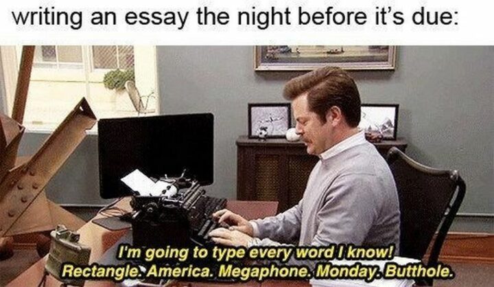 "Writing an essay the night before it's due: I'm going to type every word I know! Rectangle. America. Megaphone. Monday. Butthole."