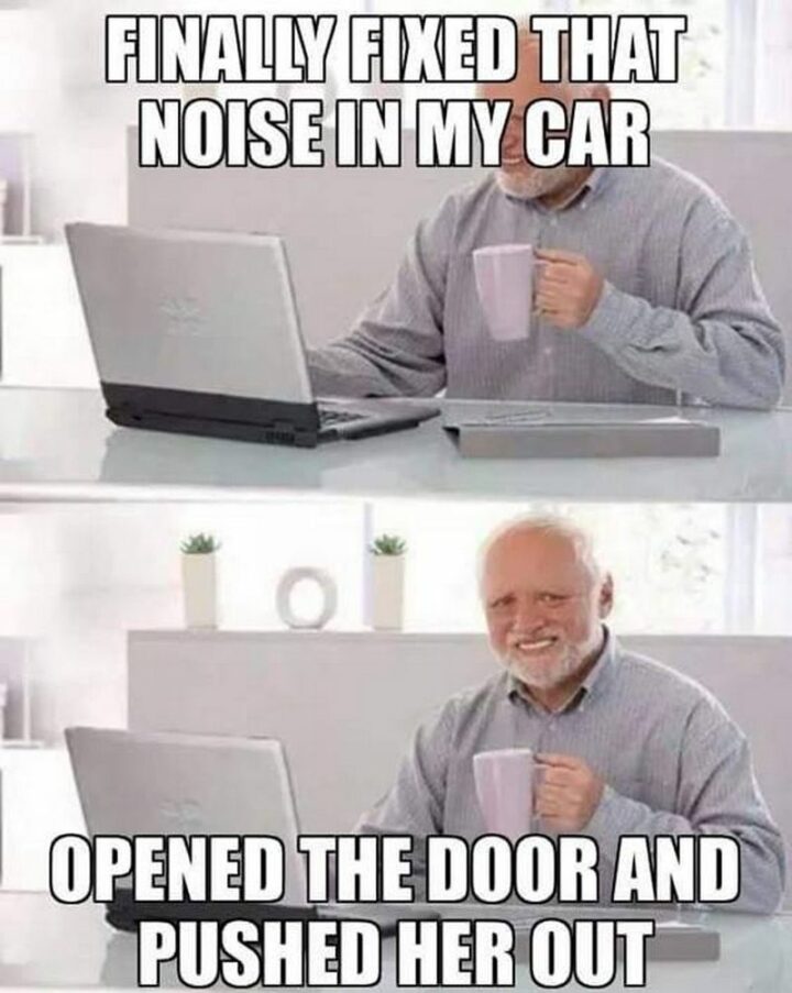 41 Funny Rude Memes - "Finally fixed that noise in my car. Opened the door and pushed her out."