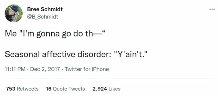 "Me: I'm gonna go do th-. Seasonal affective disorder: Y'ain't."