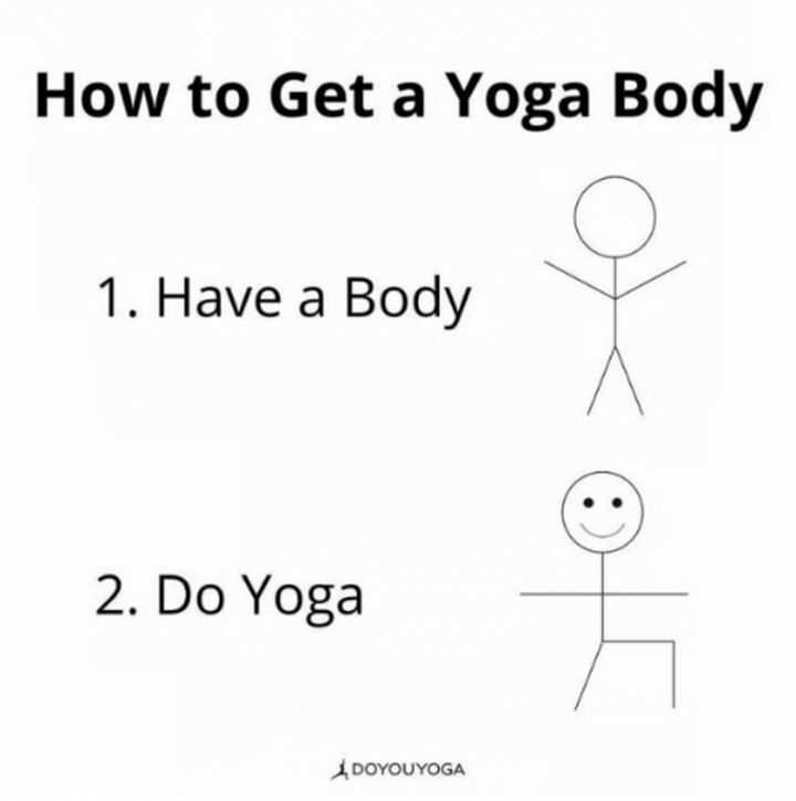 "How to get a yoga body. 1) Have a body. 2) Do yoga."