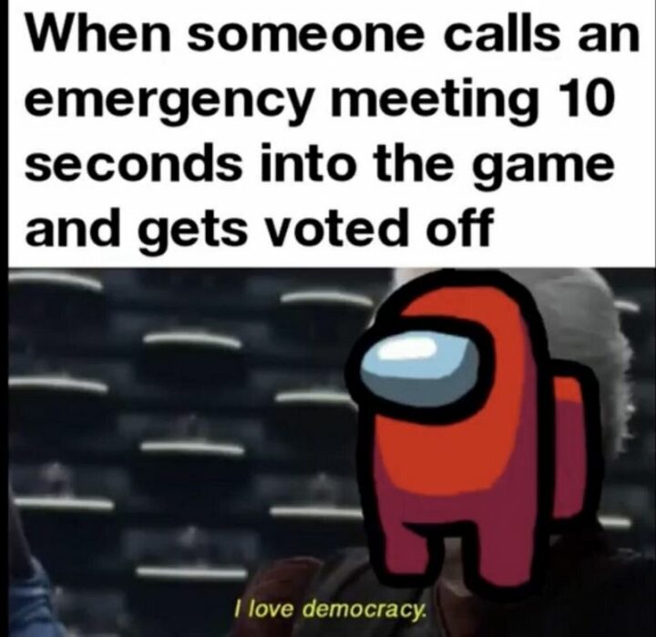35 Funny Among Us Memes - "When someone calls an emergency meeting 10 seconds into the game and gets voted off. I love democracy."