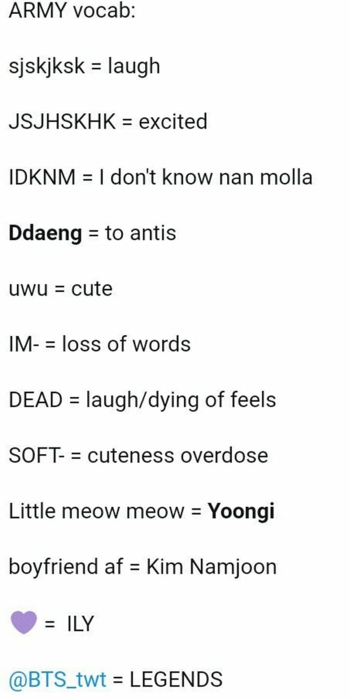 31 Funny BTS Memes - "ARMY vocab: sjskjksk = laugh. JSJHSKHK = excited. IDKNM = I know know nam molla. Ddaeng = to antis. uwu = cute. IM- = loss of words. DEAD = laugh/dying of feels. SOFT- = cuteness overdose. Little meow meow = Yoongi. boyfriend af = Kim Namjoon. Heart = ILY. @BTS_twt = LEGENDS."
