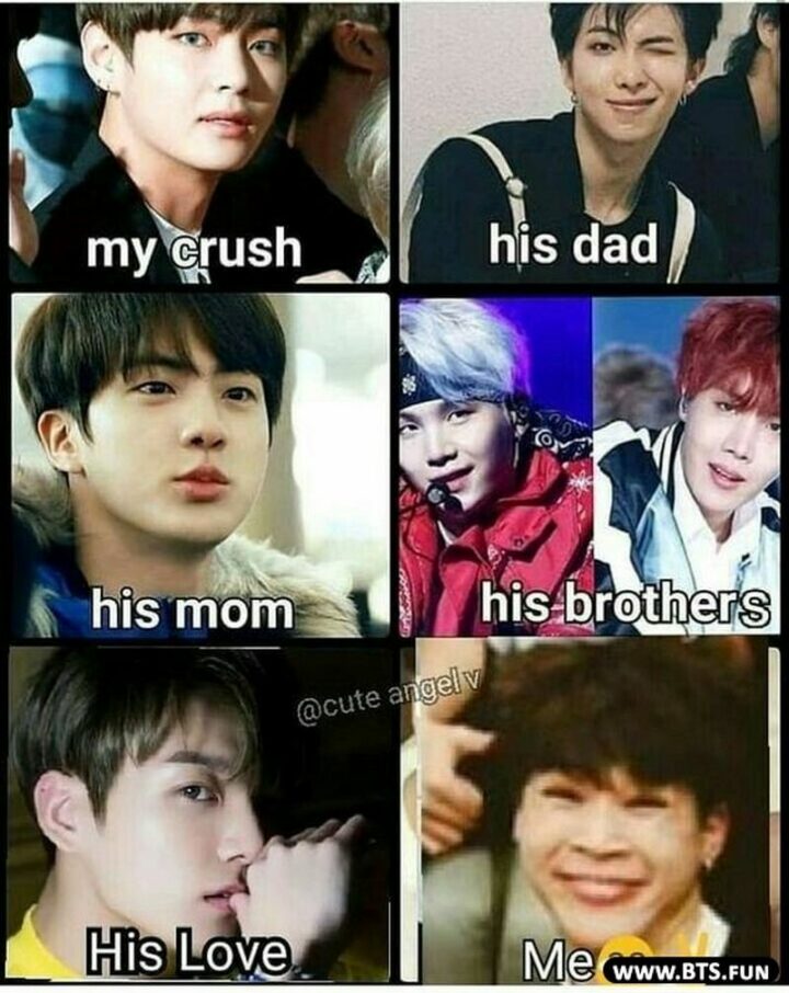 31 Funny BTS Memes - "My crush. His dad. His mom. His brothers. His. love. Me."