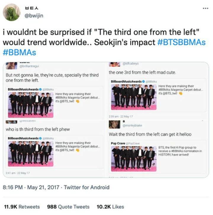 "I wouldn't be surprised if 'The third one from the left' would trend worldwide...Seokjin's impact. But not gonna lie, they're cute, especially the third one from the left. The one 3rd from the left is mad cute. Who is the third from the left, phew. Wait the third from the left can get it, hello."