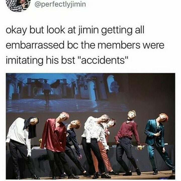 "Okay but look at Jimin getting all embarrassed bc the members were imitating his BTS 'accidents.'"