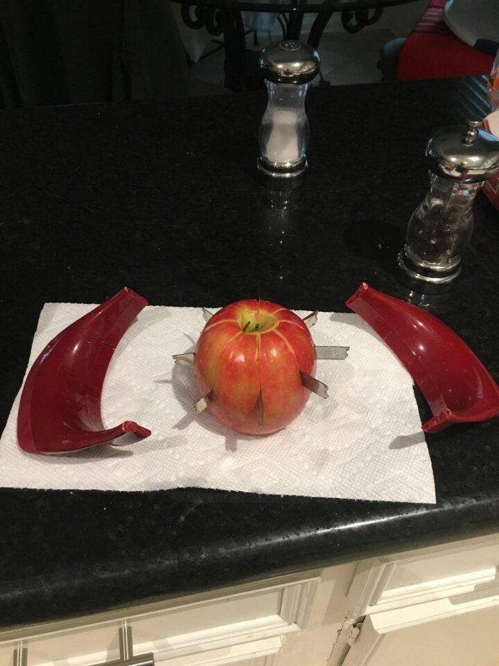 "My apple broke the apple cutter and now I have a weapon."