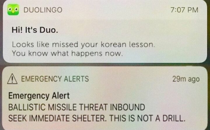 31 Funny Duolingo Memes - "Hi! It's Duo. Looks like missed your Korean lesson. You know what happens now. Emergency Alert. BALLISTIC MISSILE THREATS INBOUND SEEK IMMEDIATE SHELTER. THIS IS NOT A DRILL."