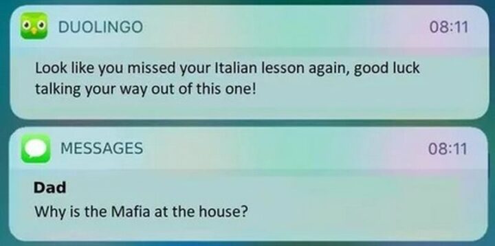 "Look like you missed your Italian lesson again, good luck talking your way out of this one! Why is the mafia at the house?"