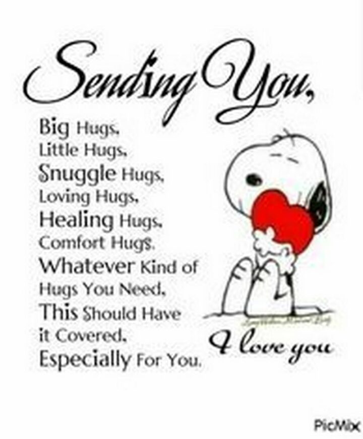 "Sending you, big hugs, little hugs, snuggle hugs, loving hugs, comfort hugs. Whatever kind of hug you need, this should have it covered, especially for you. I love you." - Snoopy