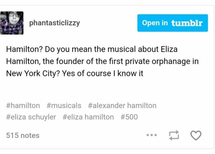 "Hamilton? Do you mean the musical about Eliza Hamilton, the founder of the first private orphanage in New York City? Yes of course I know it."