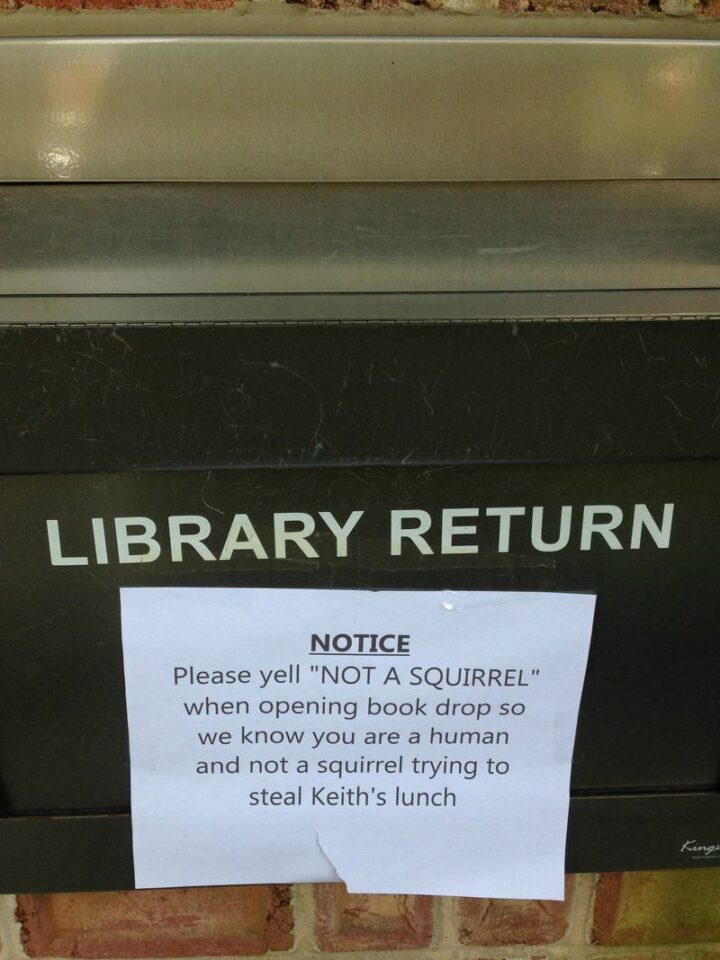 "Library return. Notice: Please yell 'NOT A SQUIRREL' when opening a book drop so we know you are a human and not a squirrel trying to steal Keith's lunch."