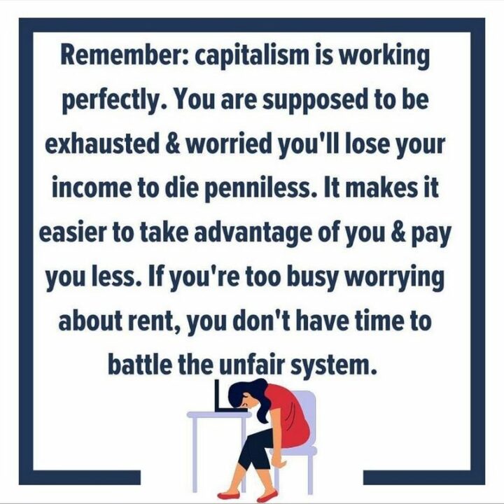 33 Political Memes - "Remember: Capitalism is working perfectly. You are supposed to be exhausted and worried you'll lose your income and die penniless. It makes it easier to take advantage of you and pay you less. If you're too busy worrying about rent, you don't have time to battle the unfair system."